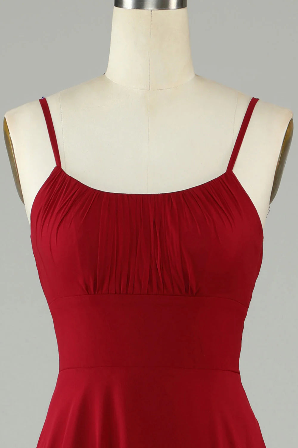 Burgundy Chiffon A-Line Floor-Length Bridesmaid Dress with Shirred Bodice and Spaghetti Straps