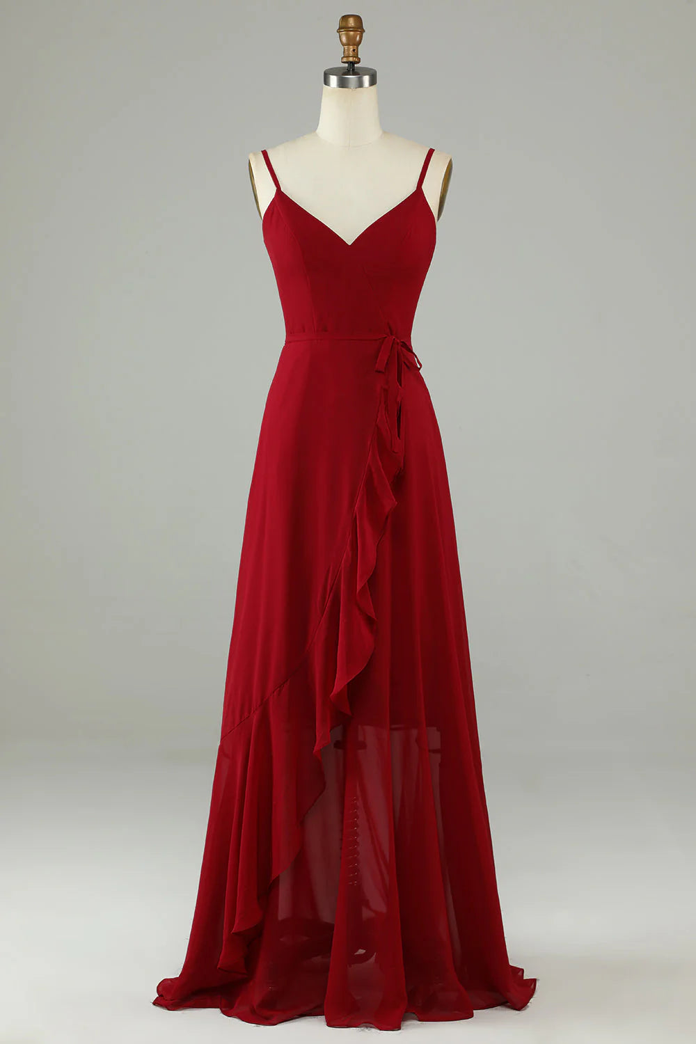 Burgundy Chiffon A-Line High-Low Bridesmaid Dress with Ruffled Hem & Waist Tie