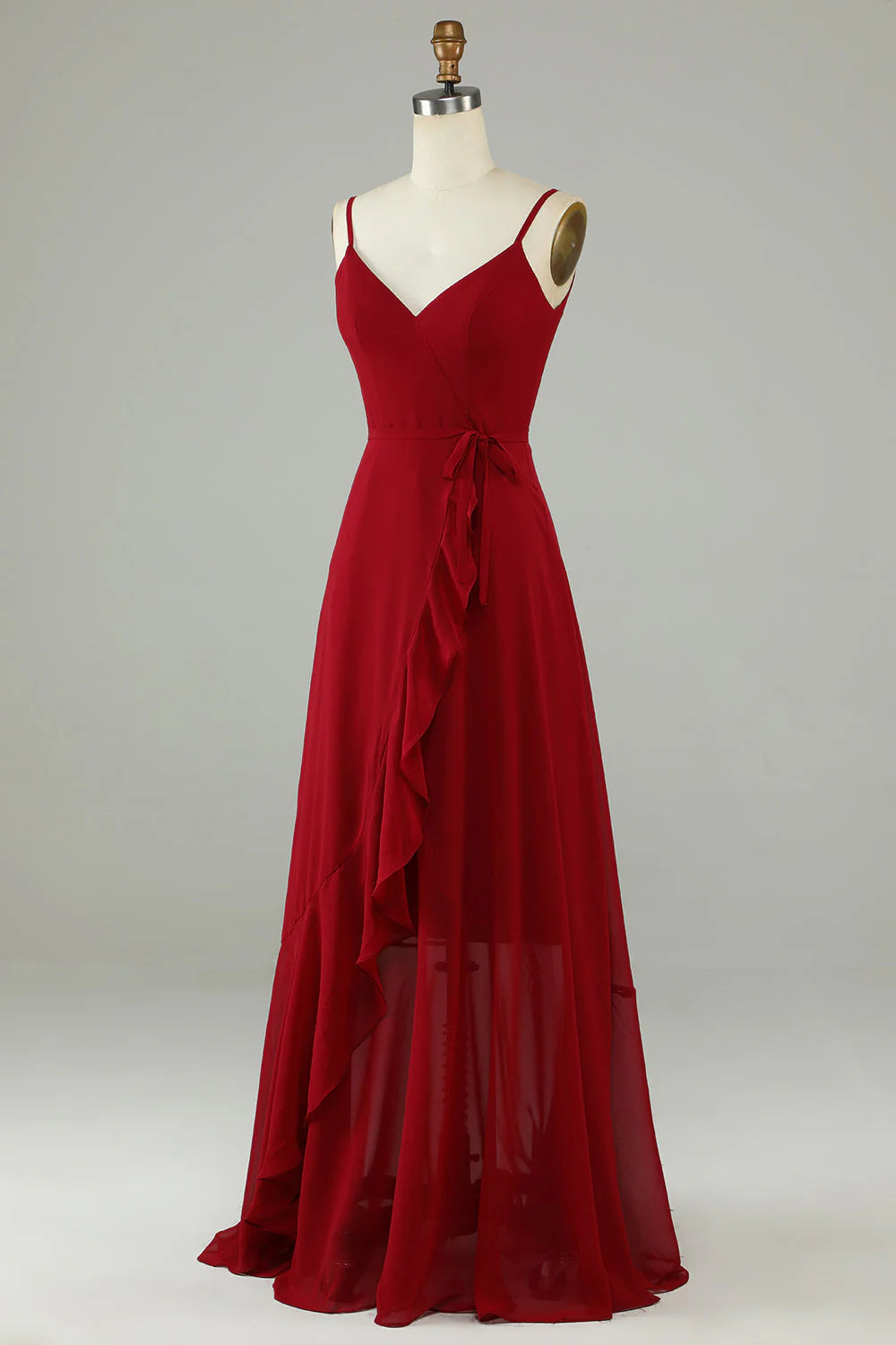 Burgundy Chiffon A-Line High-Low Bridesmaid Dress with Ruffled Hem & Waist Tie