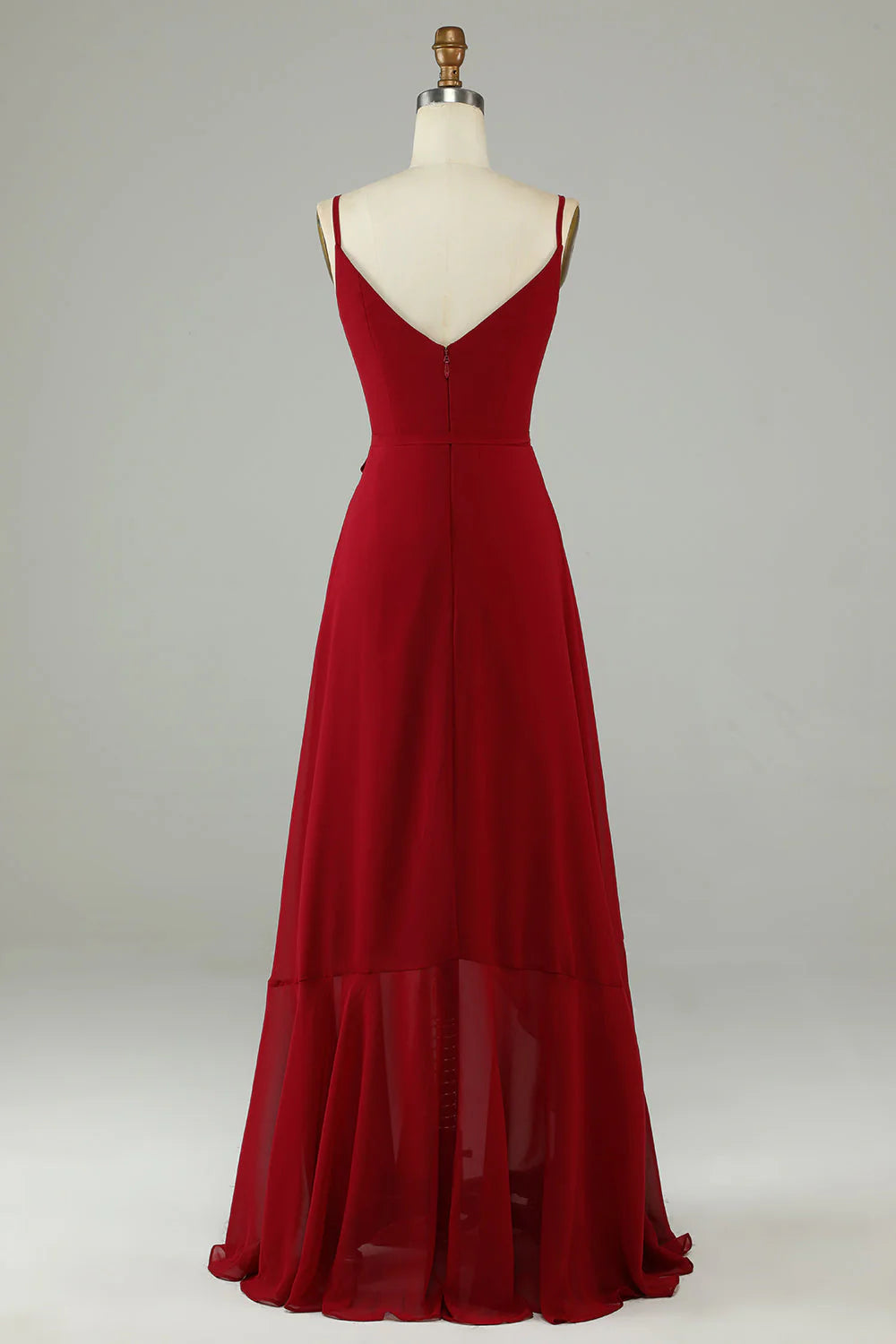 Burgundy Chiffon A-Line High-Low Bridesmaid Dress with Ruffled Hem & Waist Tie