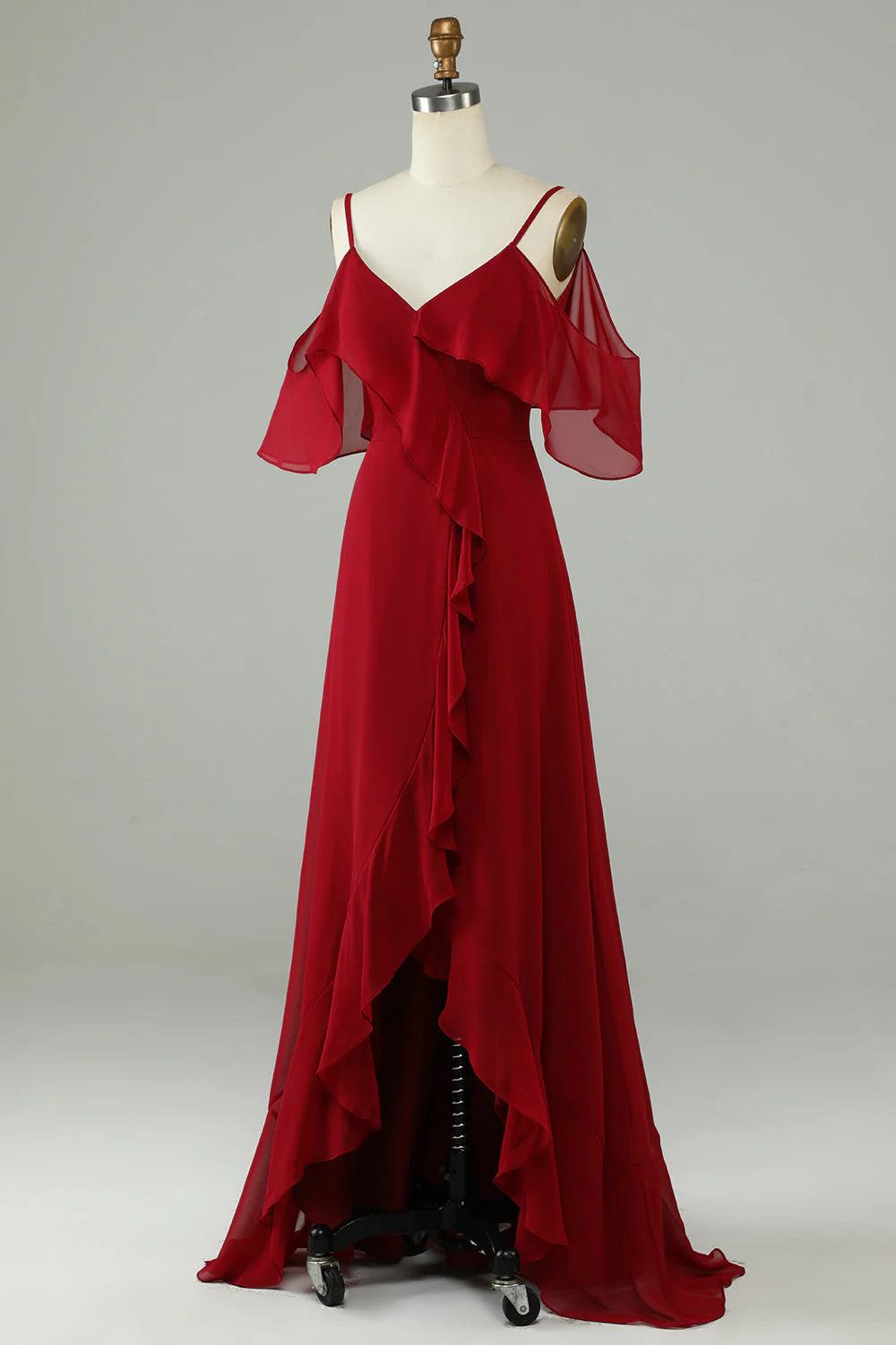 Burgundy Chiffon Off-the-Shoulder V-Neck A-Line High-Low Bridesmaid Dress
