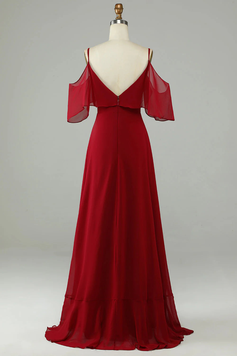 Burgundy Chiffon Off-the-Shoulder V-Neck A-Line High-Low Bridesmaid Dress