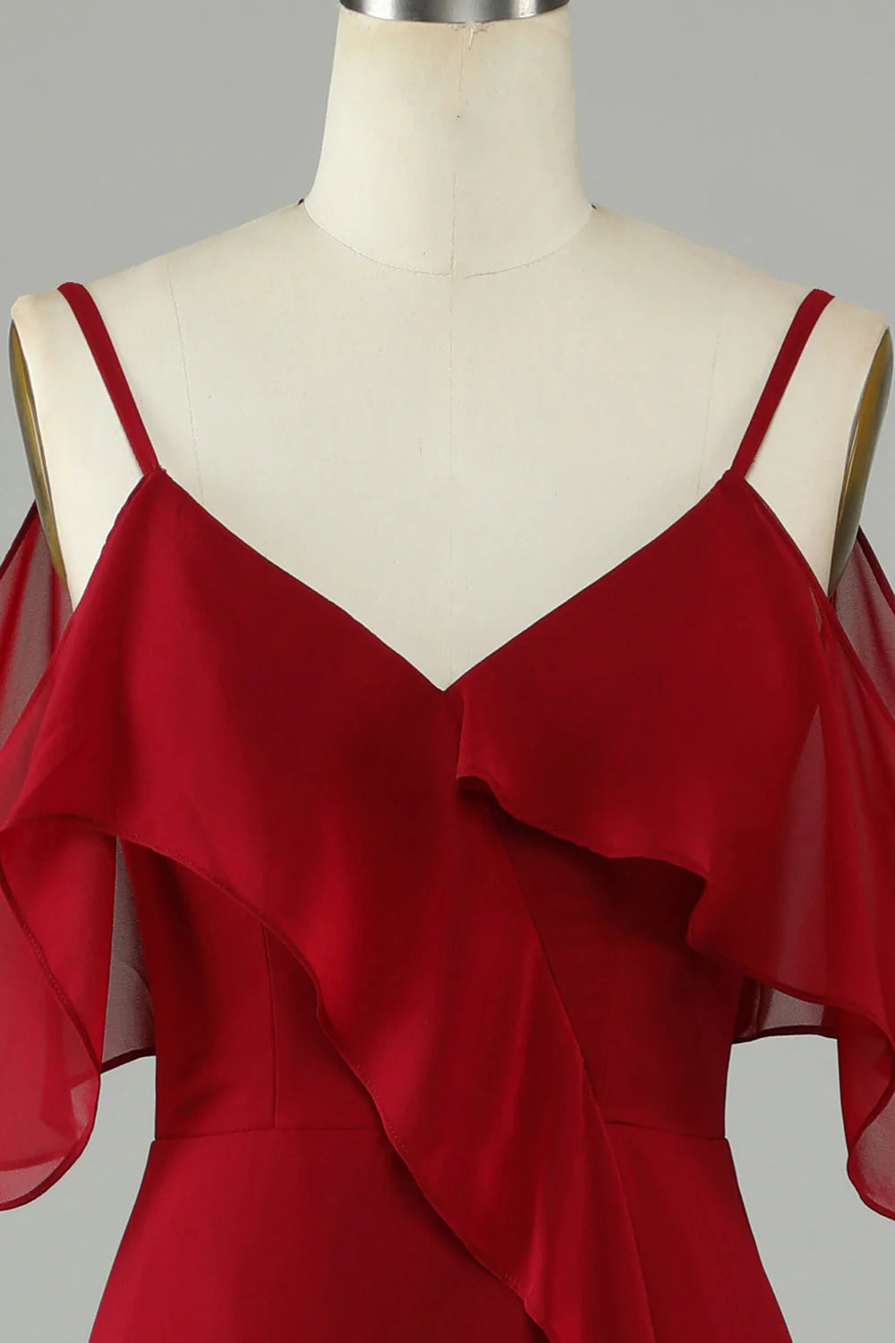 Burgundy Chiffon Off-the-Shoulder V-Neck A-Line High-Low Bridesmaid Dress