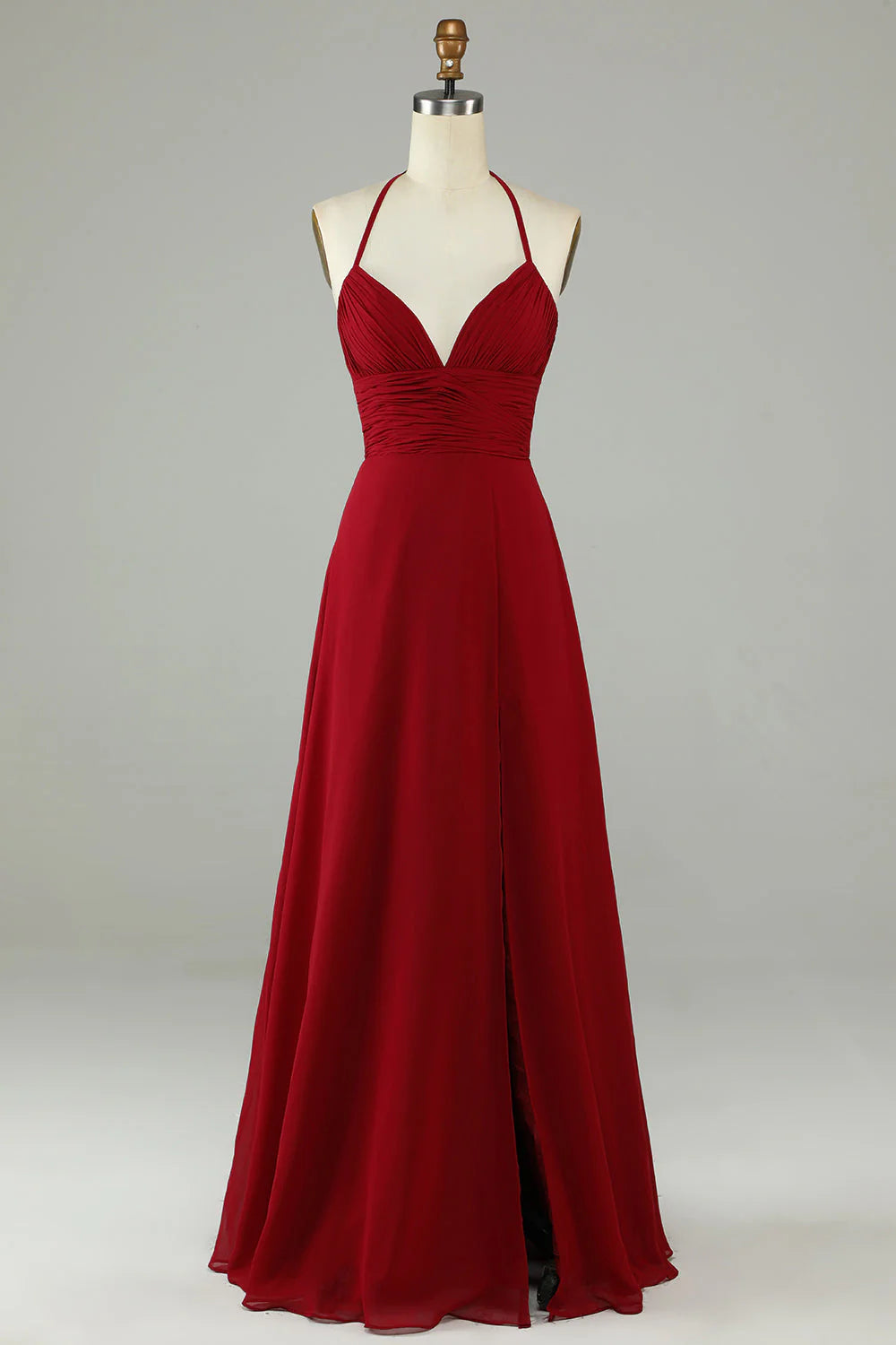 Burgundy Chiffon A-Line Halter Neck Backless Floor-Length Dress with Ruched Bodice & High Slit