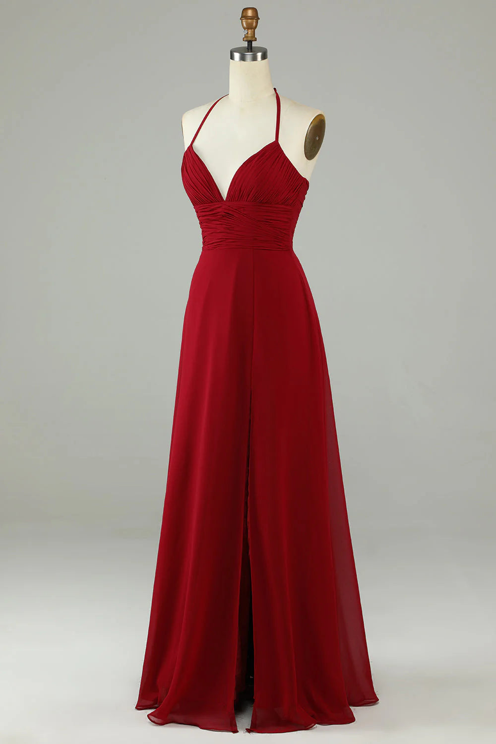 Burgundy Chiffon A-Line Halter Neck Backless Floor-Length Dress with Ruched Bodice & High Slit