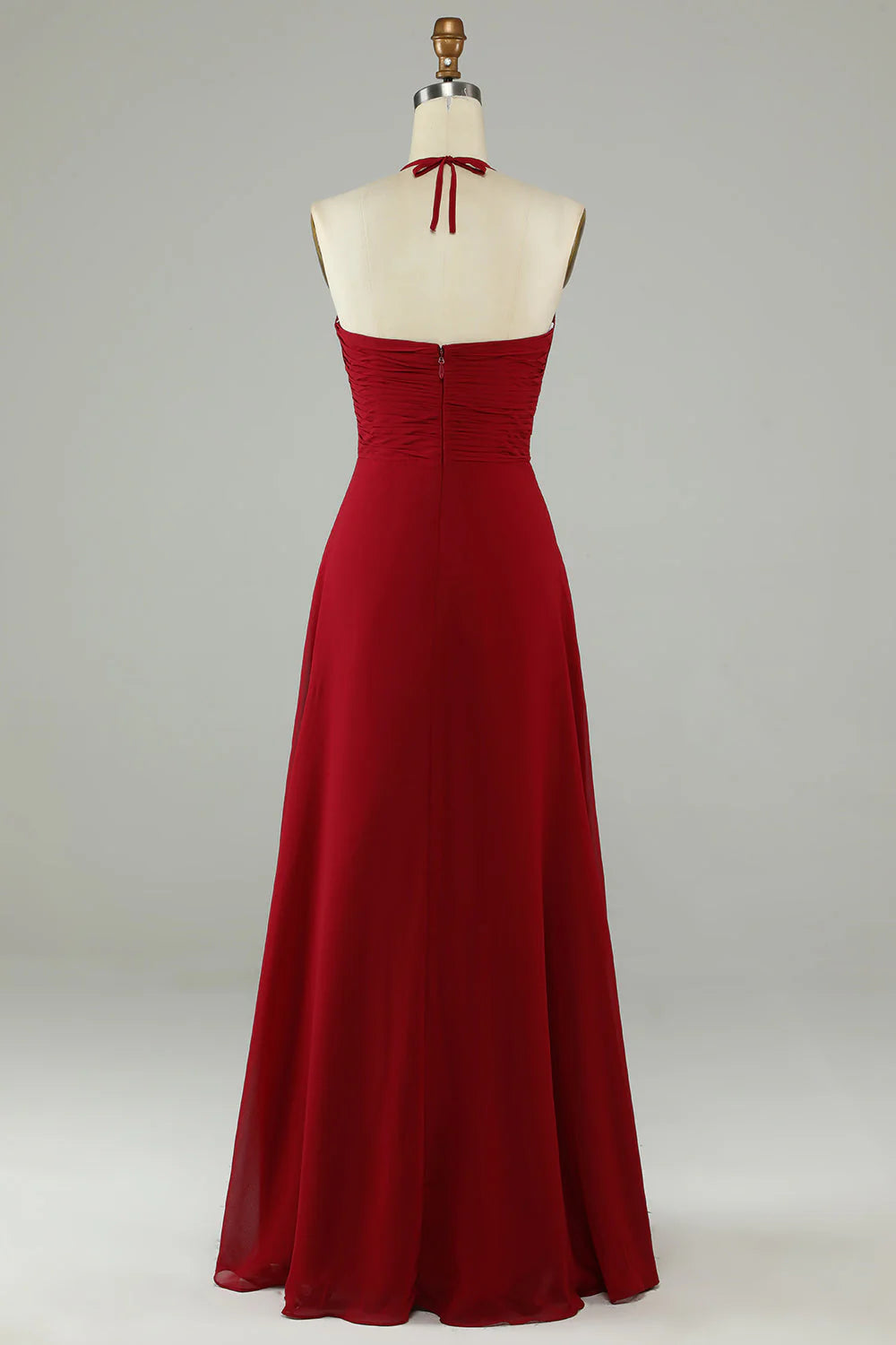 Burgundy Chiffon A-Line Halter Neck Backless Floor-Length Dress with Ruched Bodice & High Slit
