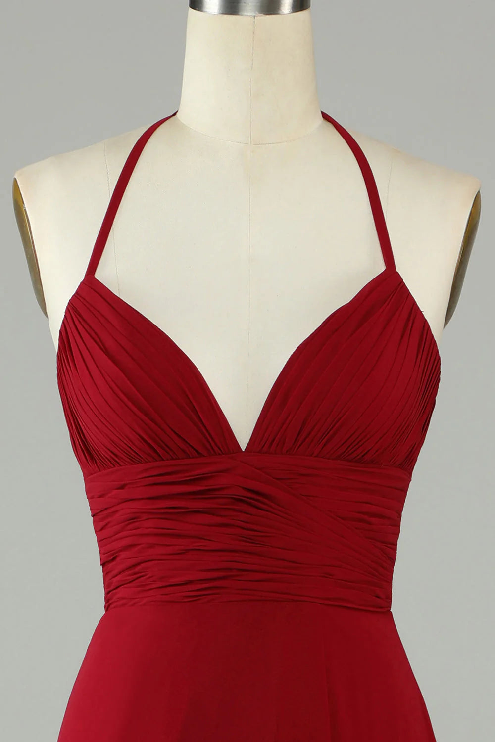 Burgundy Chiffon A-Line Halter Neck Backless Floor-Length Dress with Ruched Bodice & High Slit