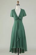 Sage Green Tie-Front V-Neck A-Line High-Low Bridesmaid Dress