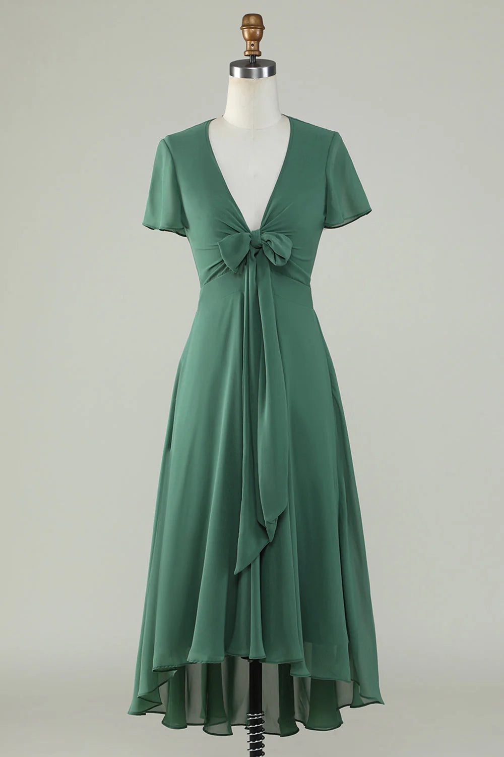 Sage Green Tie-Front V-Neck A-Line High-Low Bridesmaid Dress