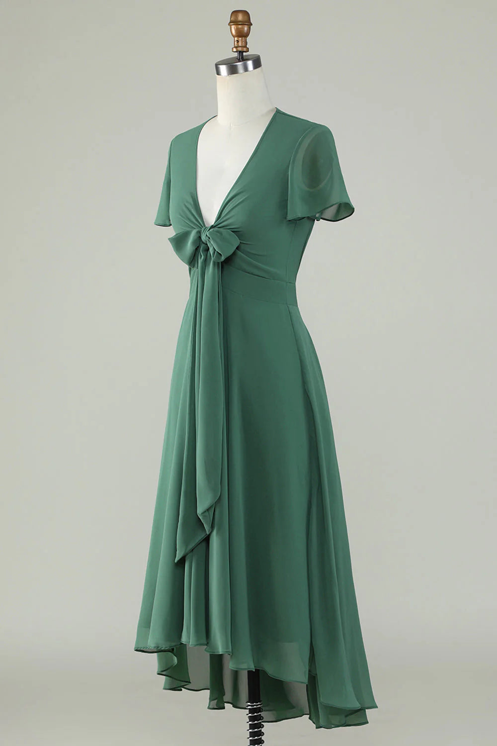 Sage Green Tie-Front V-Neck A-Line High-Low Bridesmaid Dress