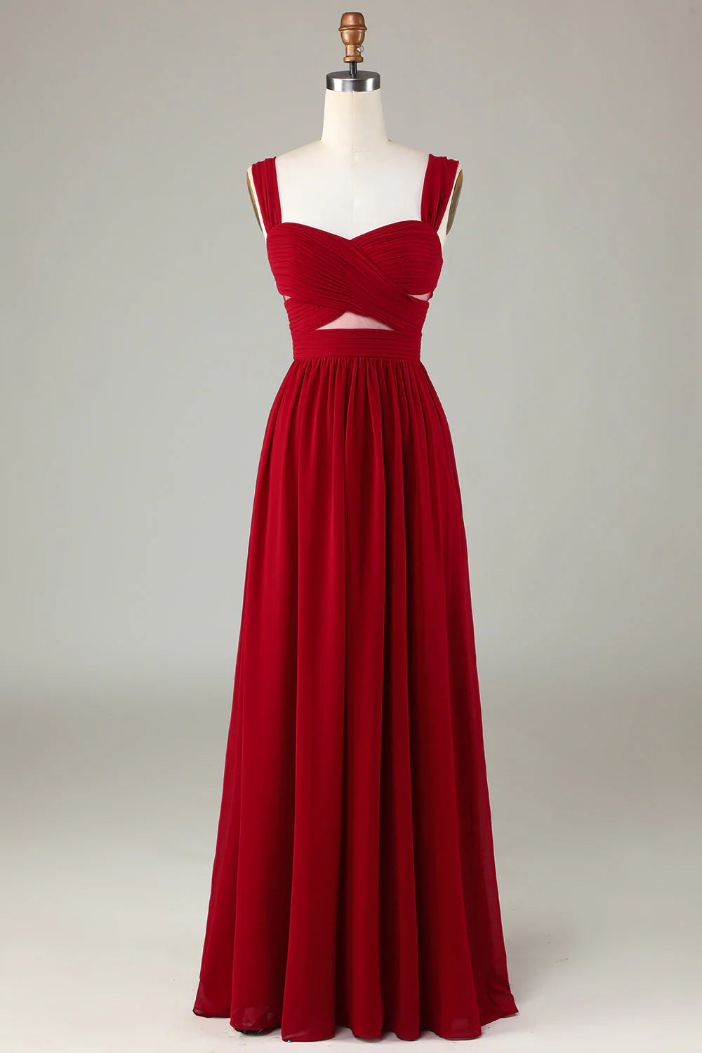 Red Chiffon A-Line Sweetheart Floor-Length Bridesmaid Dress with Pleated Bodice & Waist Cutout