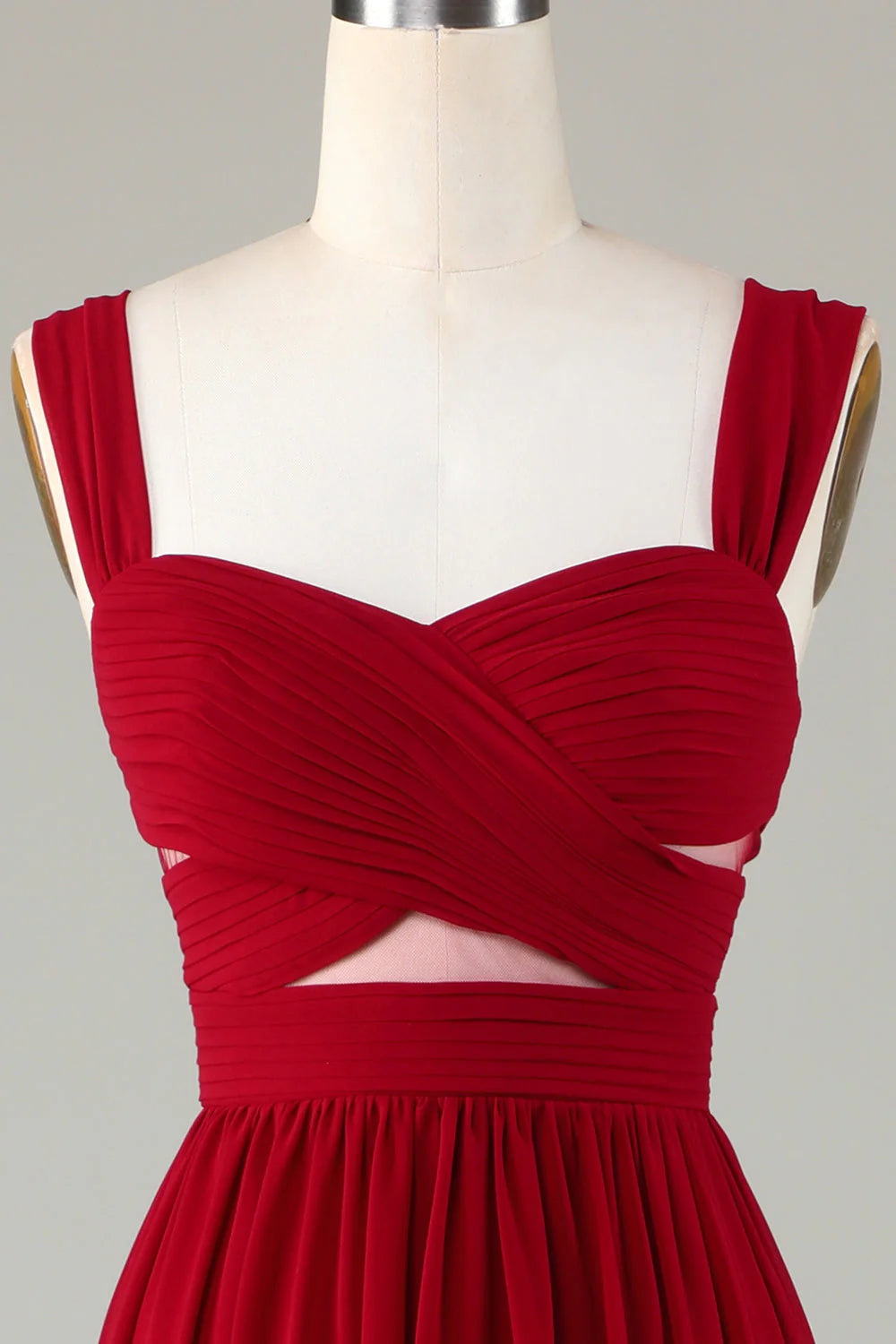 Red Chiffon A-Line Sweetheart Floor-Length Bridesmaid Dress with Pleated Bodice & Waist Cutout