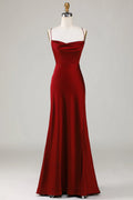 Burgundy Satin Cowl Neck Sheath/column Floor-Length Dress with High Slit