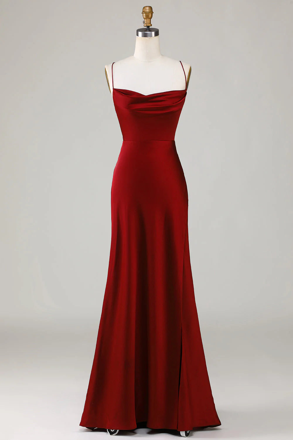 Burgundy Satin Cowl Neck Sheath/column Floor-Length Dress with High Slit