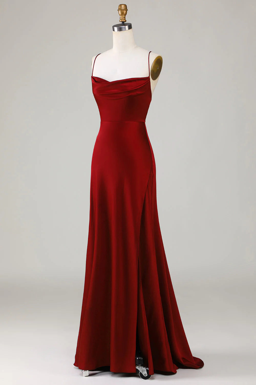Burgundy Satin Cowl Neck Sheath/column Floor-Length Dress with High Slit