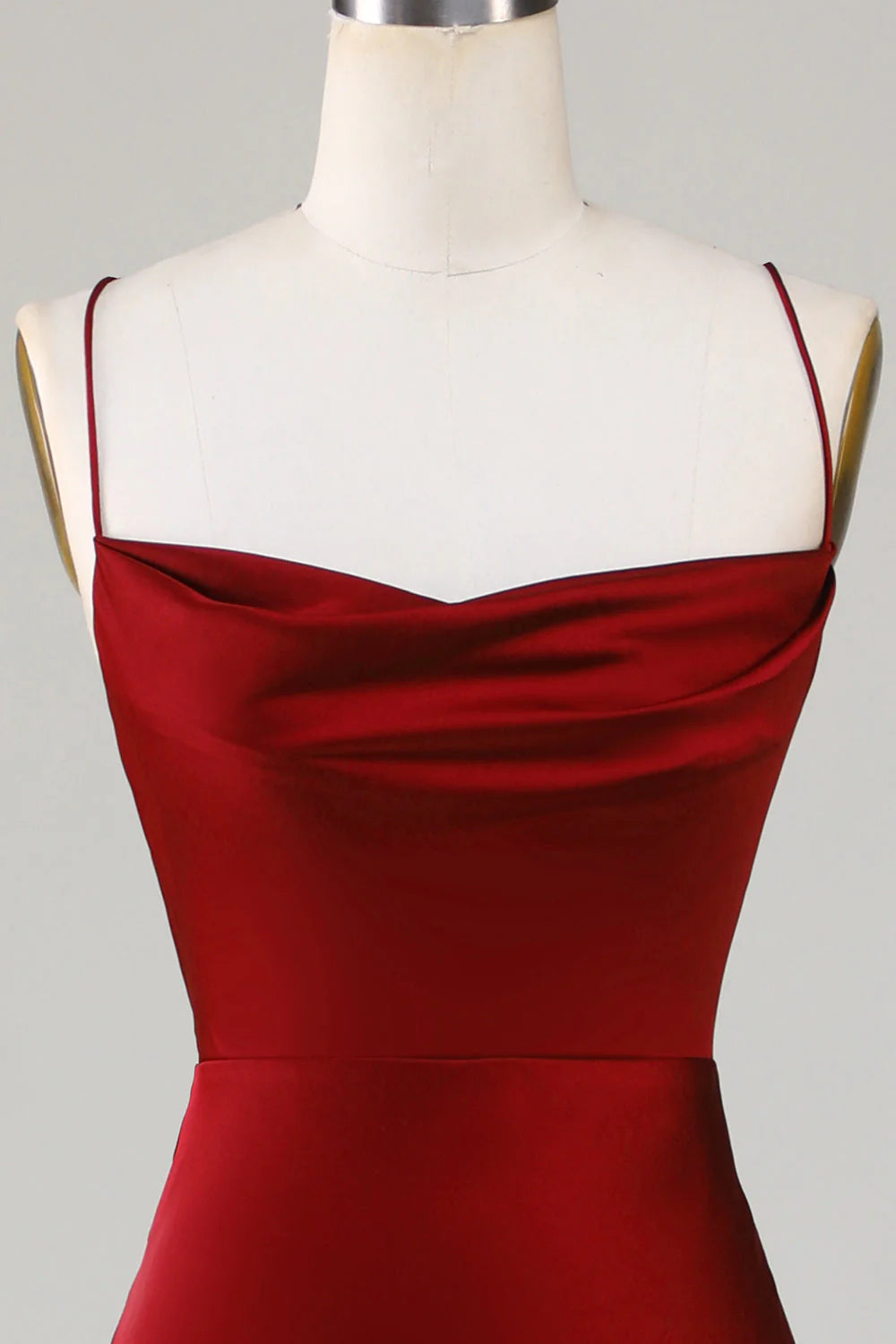 Vestido largo de dama de honor con abertura en la espalda, color rojo vino y cordones