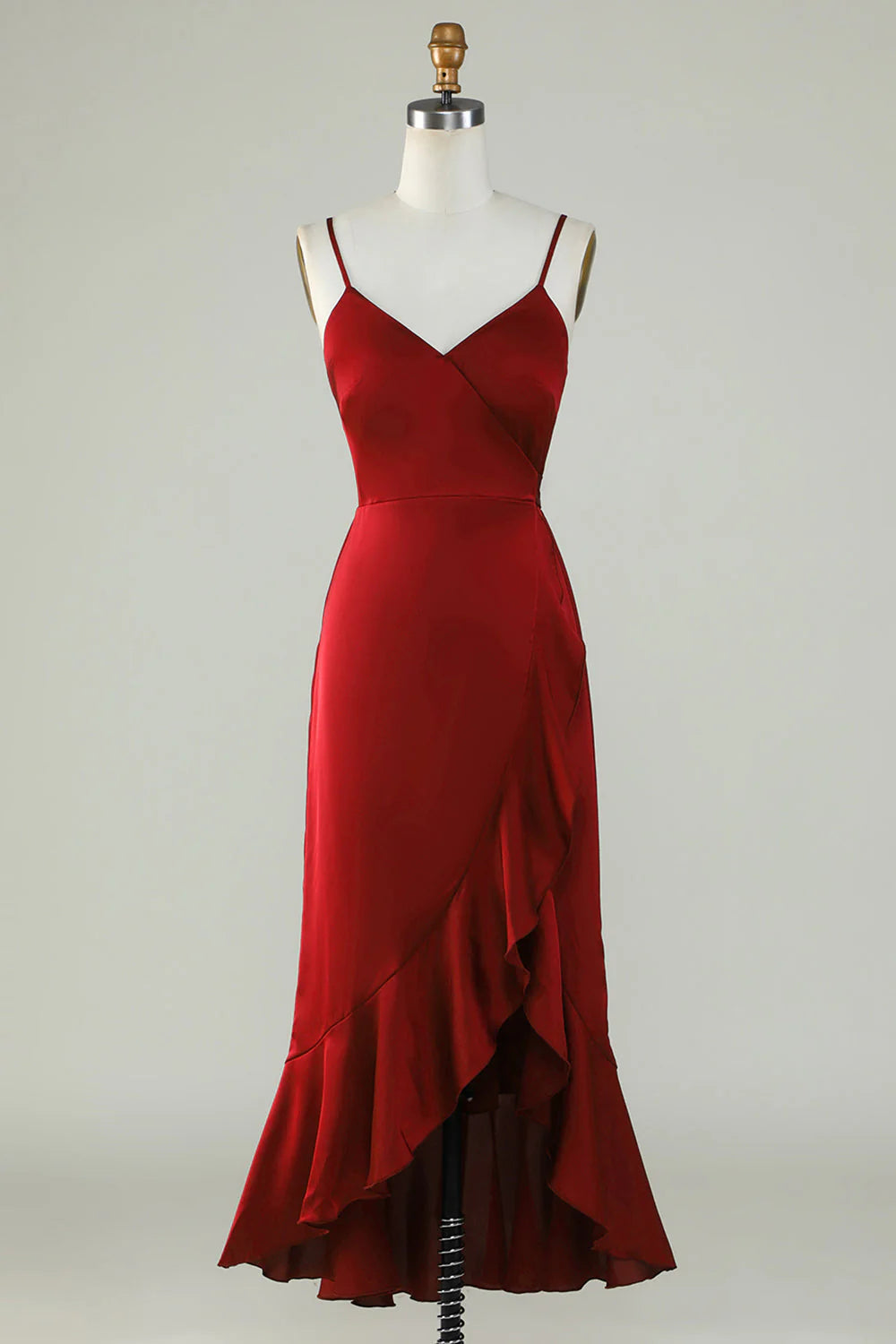 Burgundy Satin A-Line High-Low Bridesmaid Dress with V-Neck Wrap Bodice