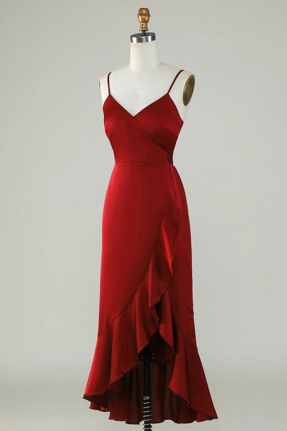 Burgundy Satin A-Line High-Low Bridesmaid Dress with V-Neck Wrap Bodice