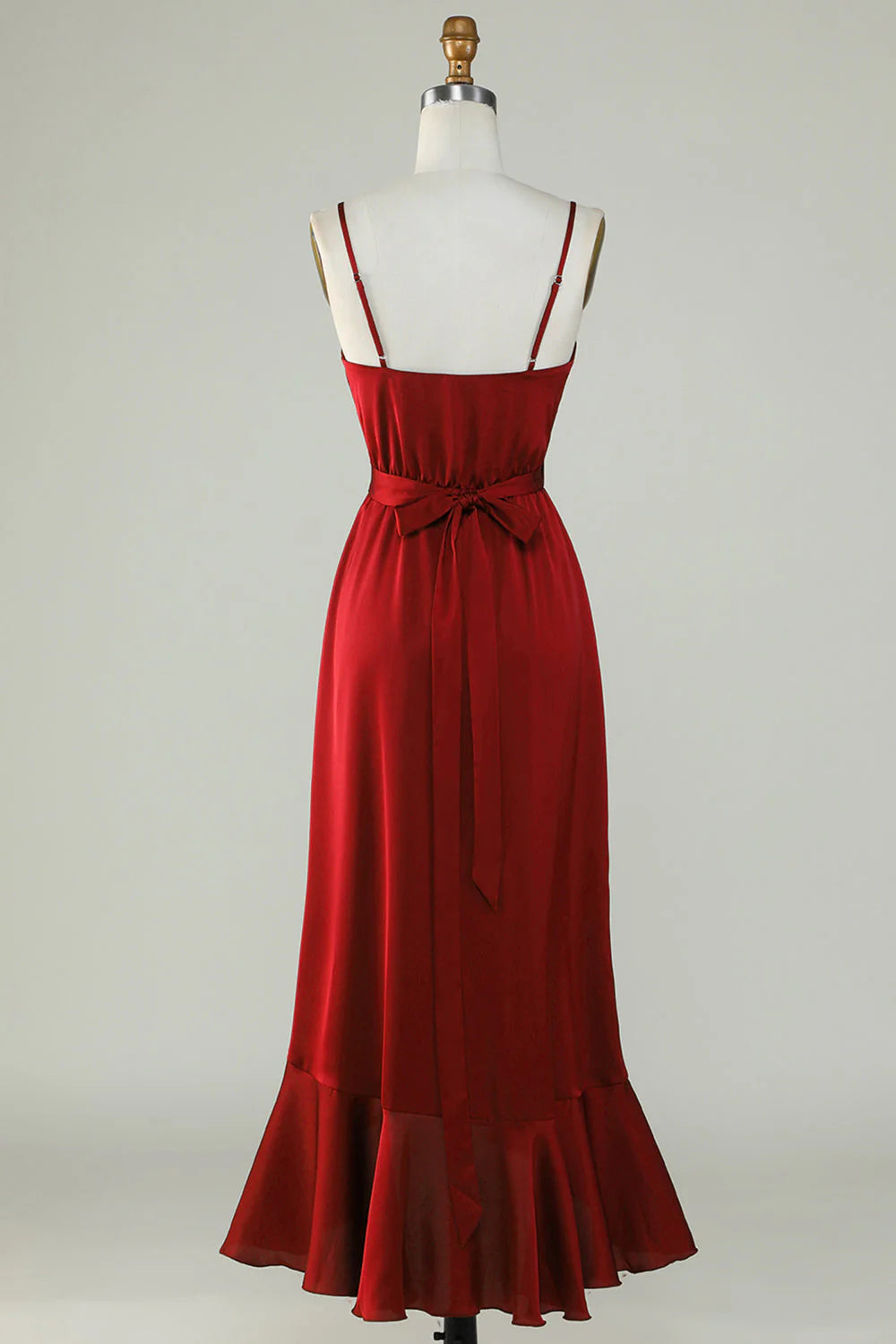 Burgundy Satin A-Line High-Low Bridesmaid Dress with V-Neck Wrap Bodice