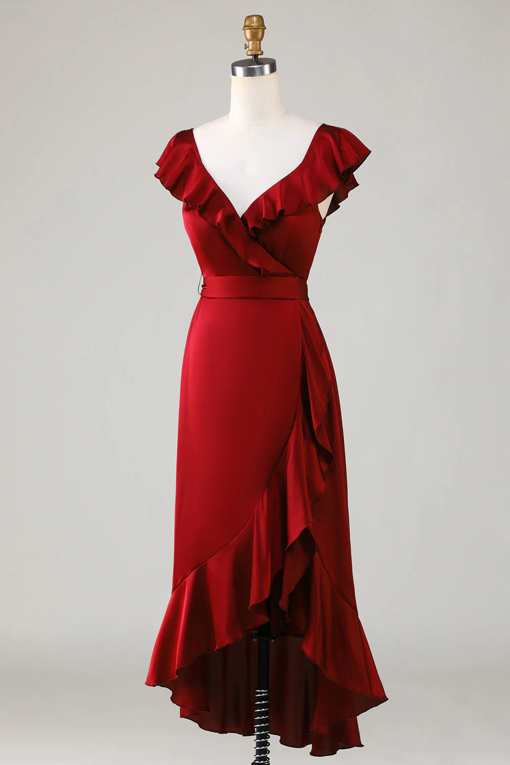 Burgundy Satin V-Neck A-Line High-Low Bridesmaid Dress