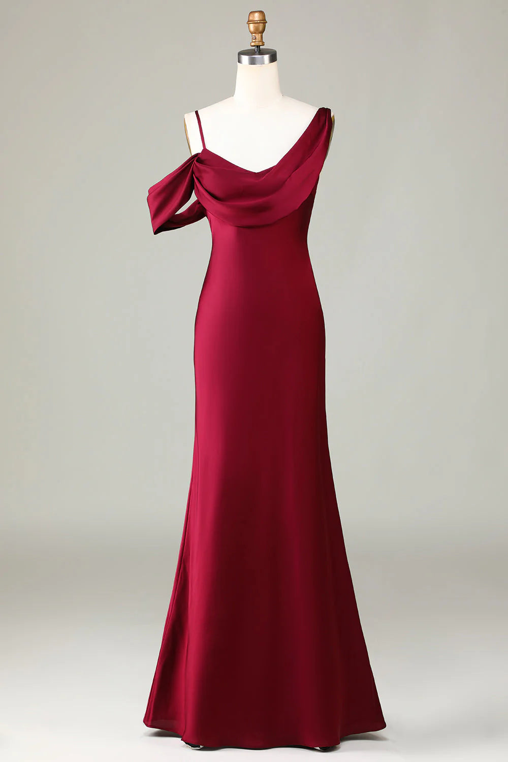 Burgundy Satin One Shoulder Sheath Floor-Length Evening Dress