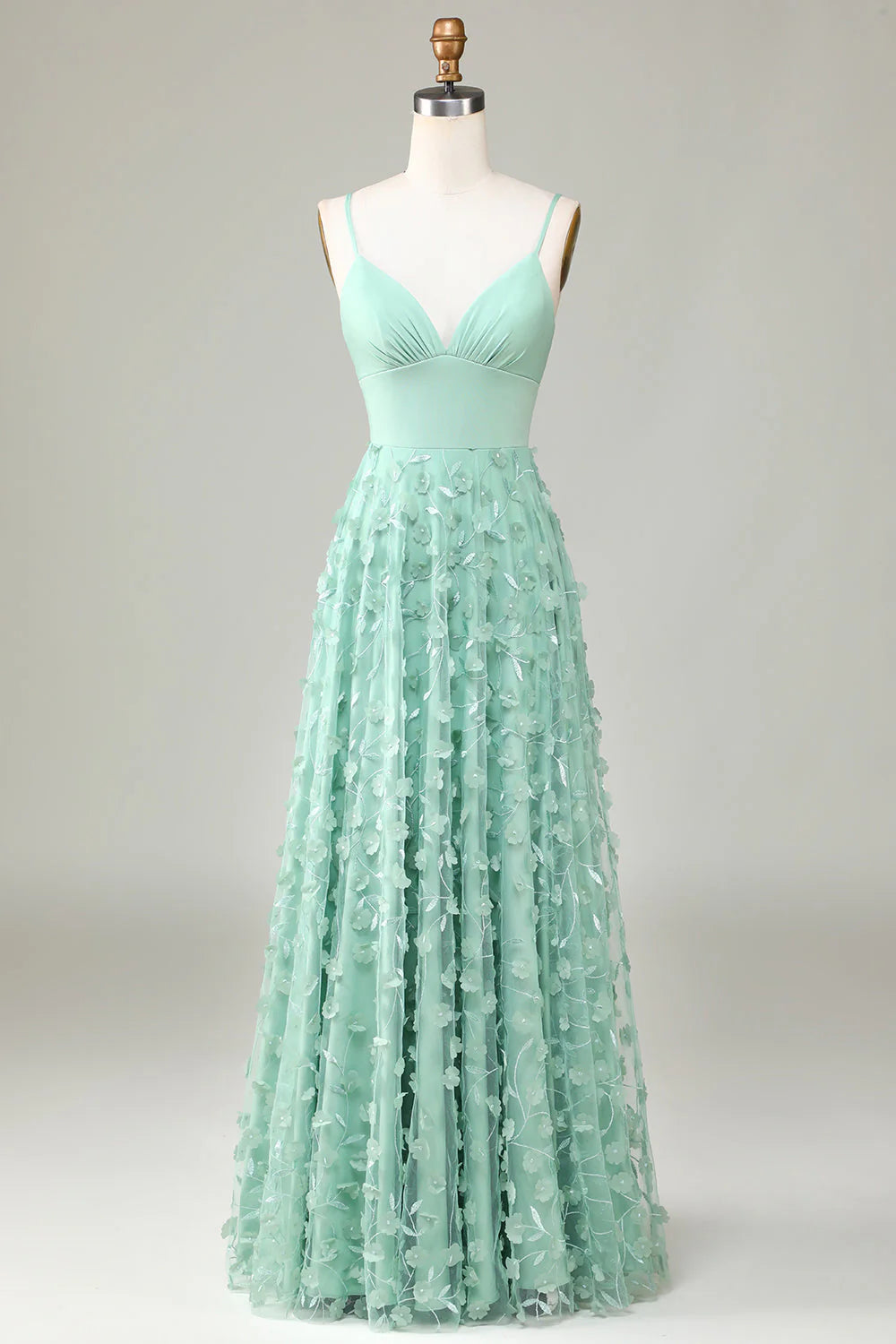 Mint Green Chiffon A-Line Floor-Length Evening Dress with V-Neck & 3D Floral Appliques