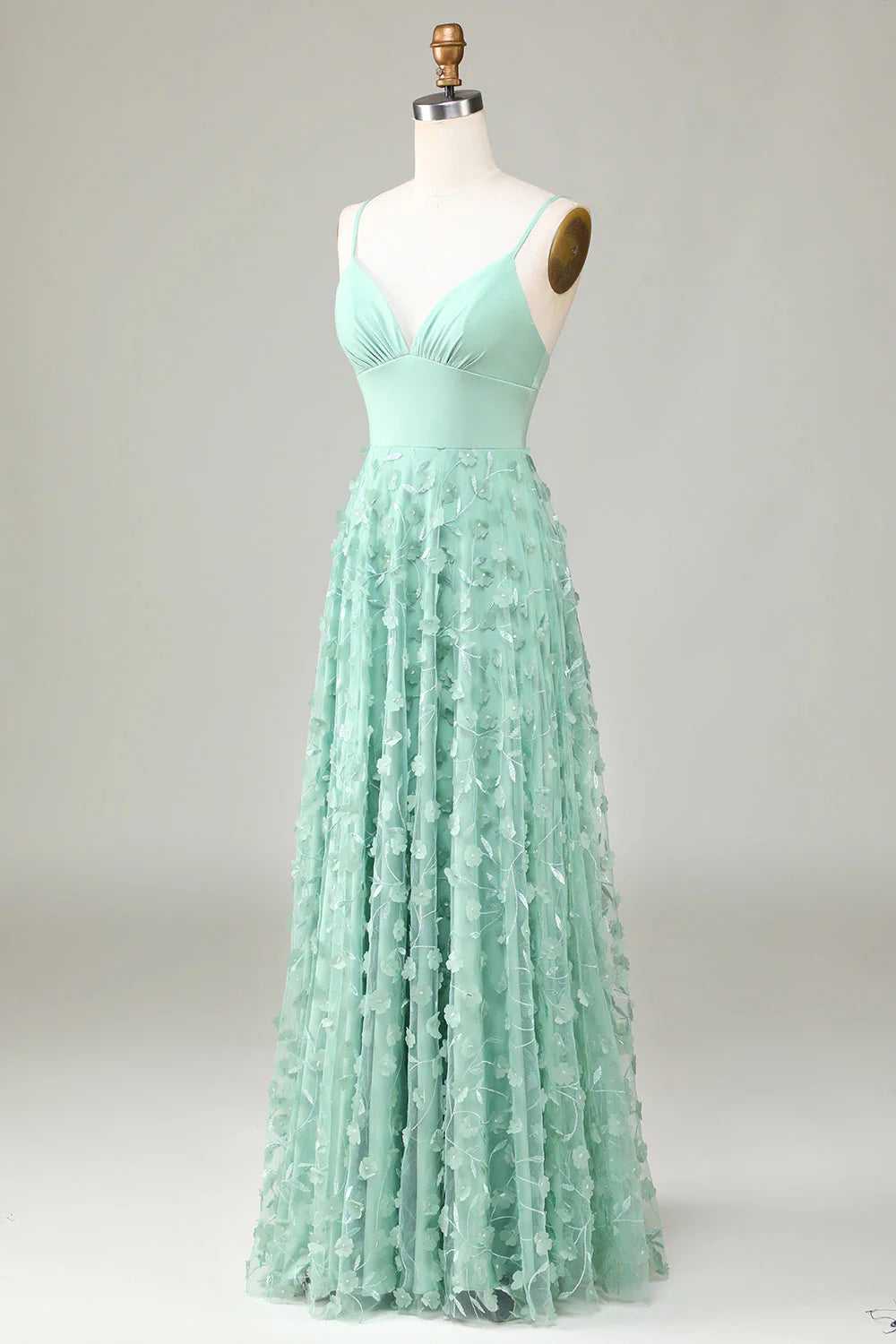 Mint Green Chiffon A-Line Floor-Length Evening Dress with V-Neck & 3D Floral Appliques