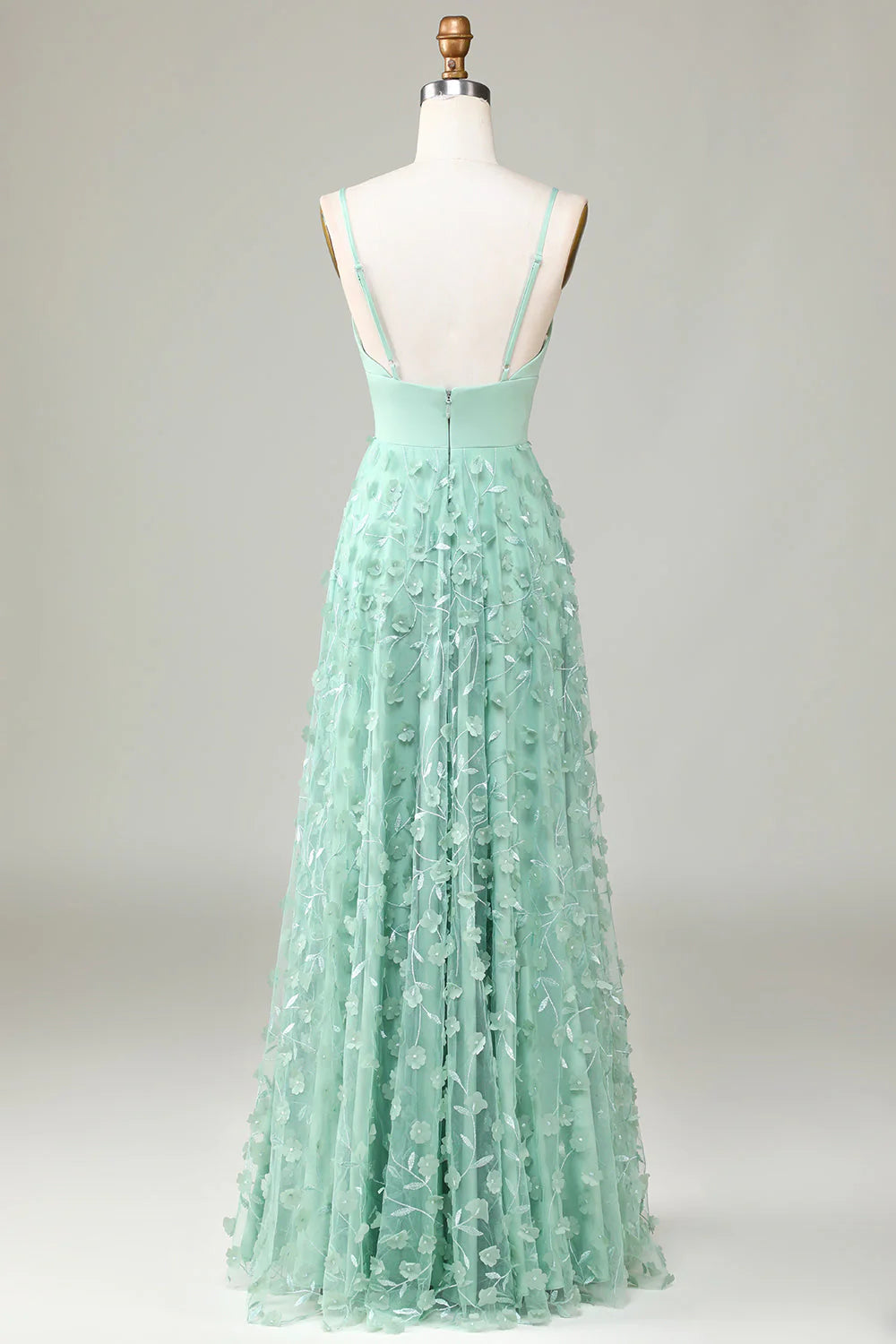 Mint Green Chiffon A-Line Floor-Length Evening Dress with V-Neck & 3D Floral Appliques