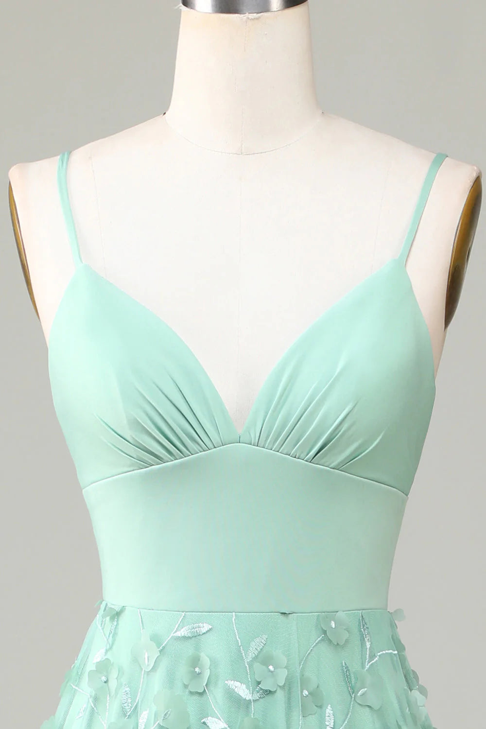 Mint Green Chiffon A-Line Floor-Length Evening Dress with V-Neck & 3D Floral Appliques