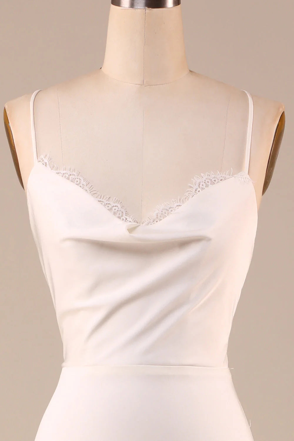 Minimalist ivory fish tail thin shoulder straps and floor length backless wedding dress