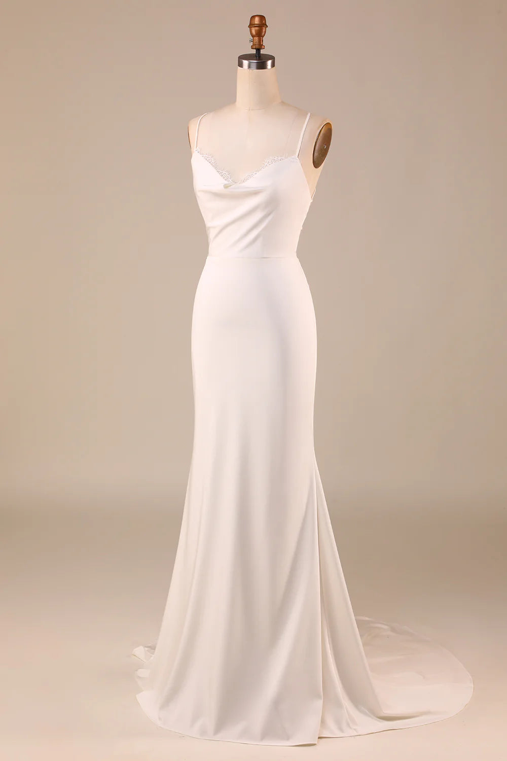 Minimalist ivory fish tail thin shoulder straps and floor length backless wedding dress