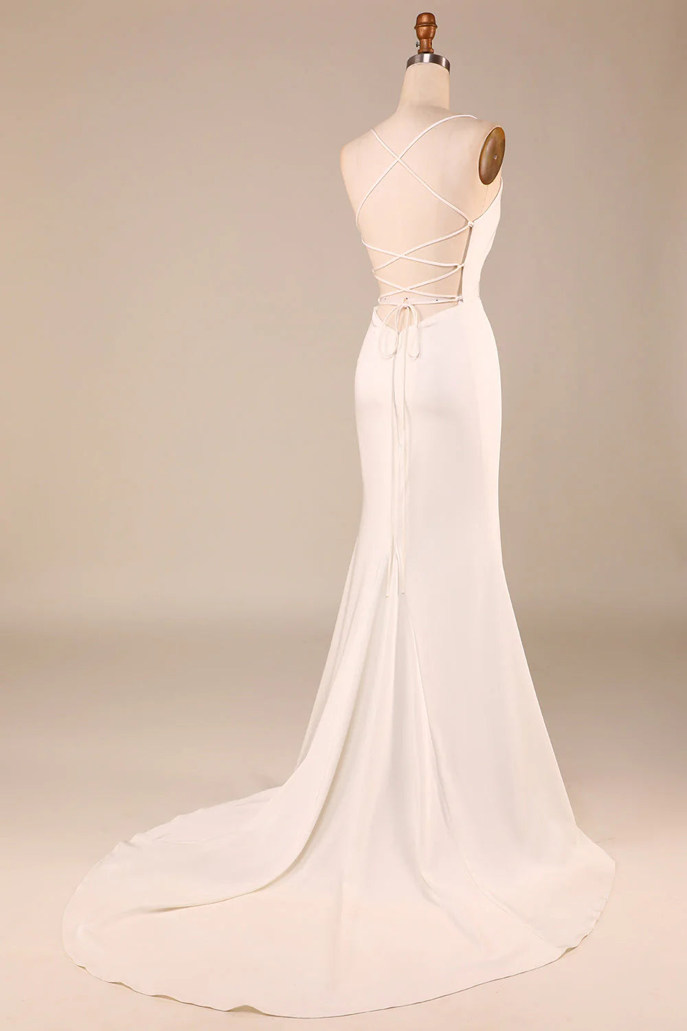 Minimalist ivory fish tail thin shoulder straps and floor length backless wedding dress