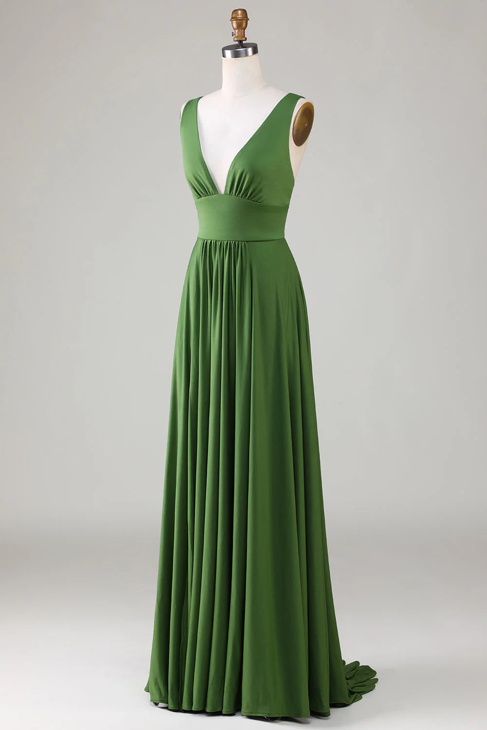 Olive deep V-neck sleeveless bridesmaid dress