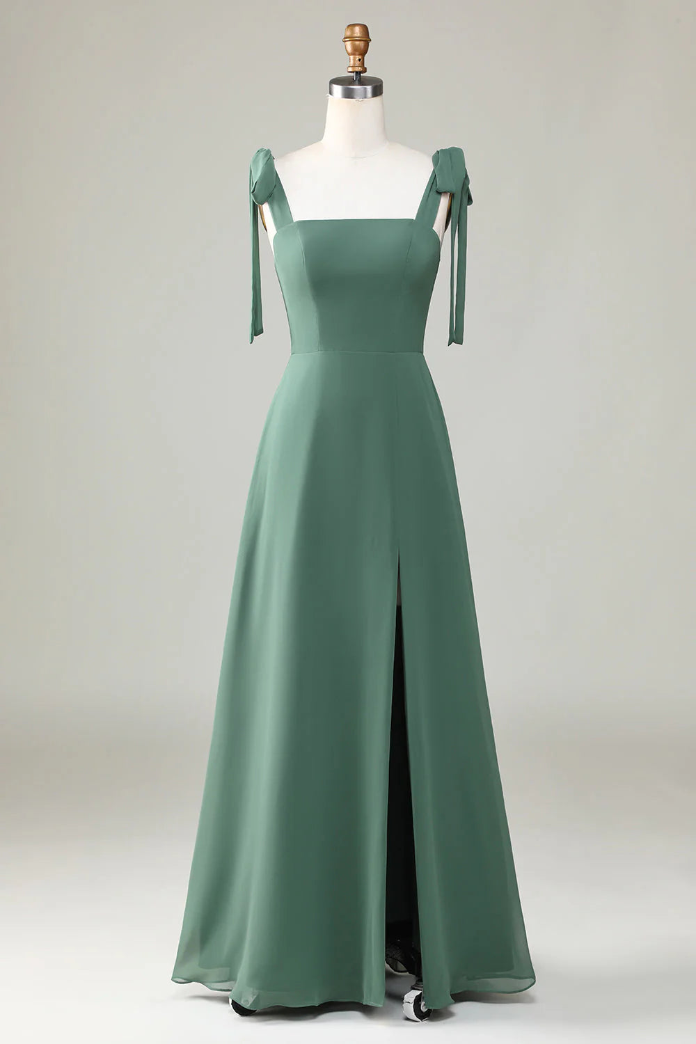 Sage Green Chiffon A-Line Floor-Length Bridesmaid Dress with Tie-Shoulder Straps & High Slit