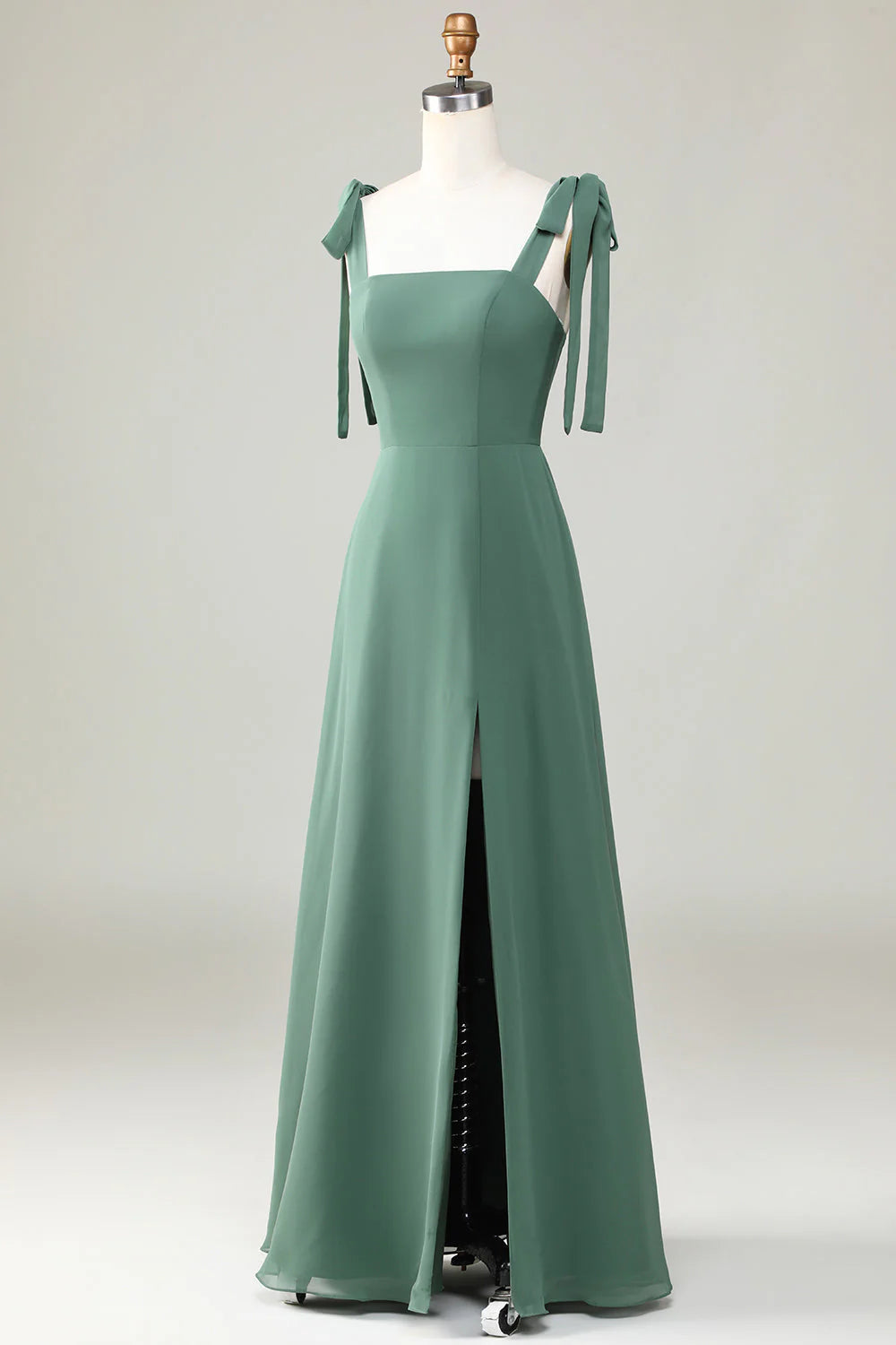 Sage Green Chiffon A-Line Floor-Length Bridesmaid Dress with Tie-Shoulder Straps & High Slit