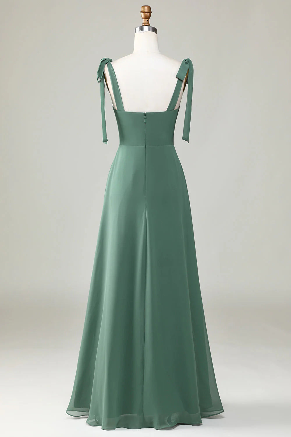 Sage Green Chiffon A-Line Floor-Length Bridesmaid Dress with Tie-Shoulder Straps & High Slit