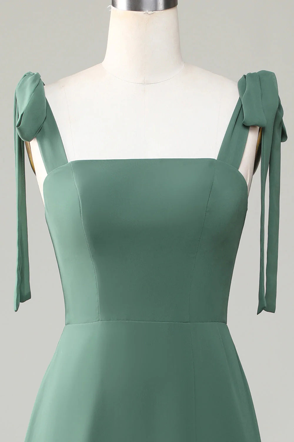 Sage Green Chiffon A-Line Floor-Length Bridesmaid Dress with Tie-Shoulder Straps & High Slit
