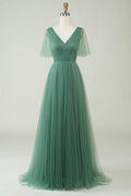 Sage Green Tulle A-Line Floor-Length Dress with V-Neck & Flutter Sleeves