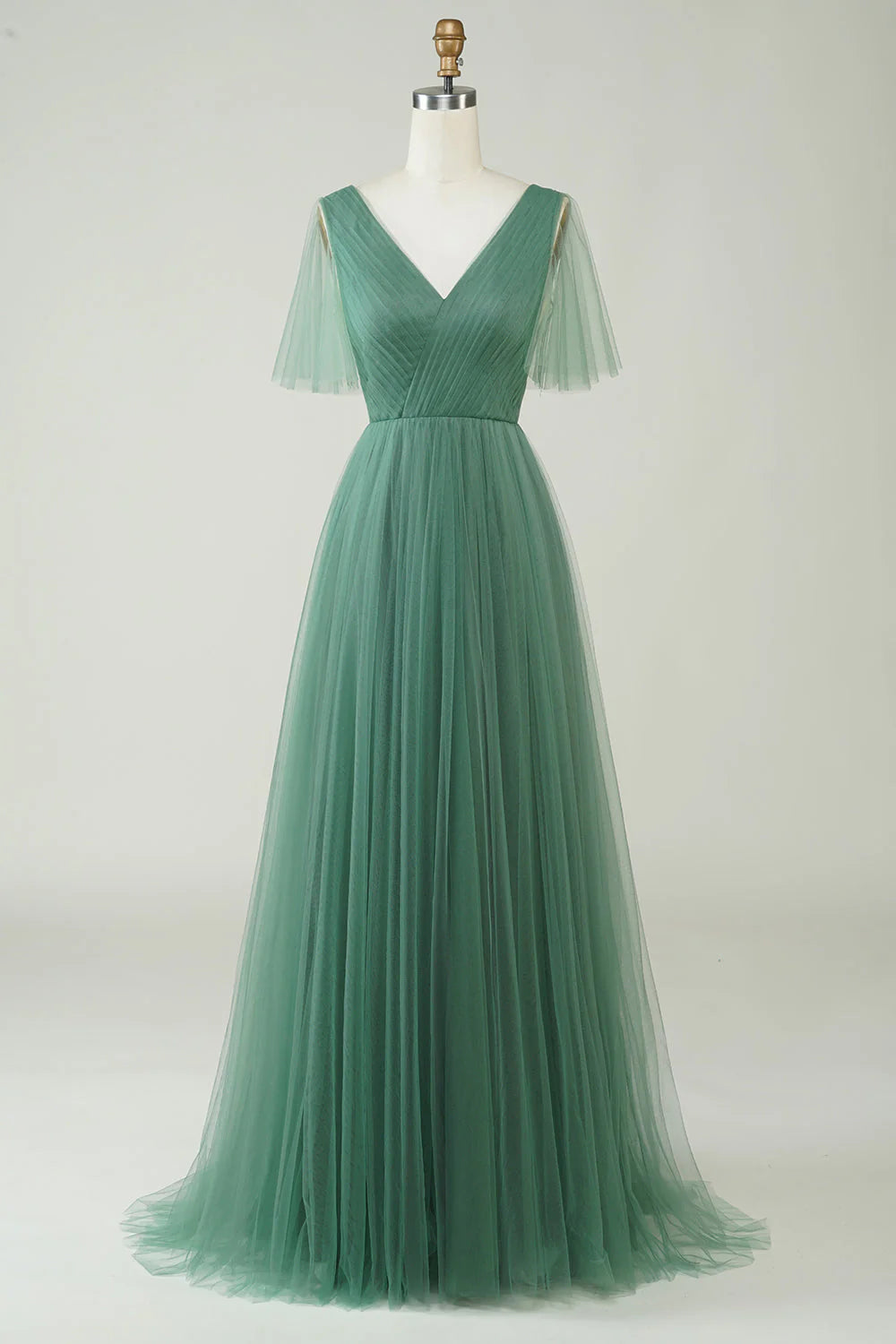 Sage Green Tulle A-Line Floor-Length Dress with V-Neck & Flutter Sleeves