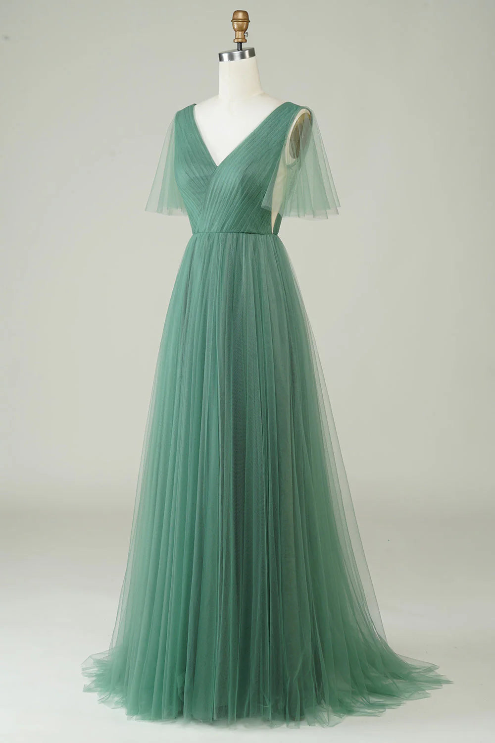 Sage Green Tulle A-Line Floor-Length Dress with V-Neck & Flutter Sleeves