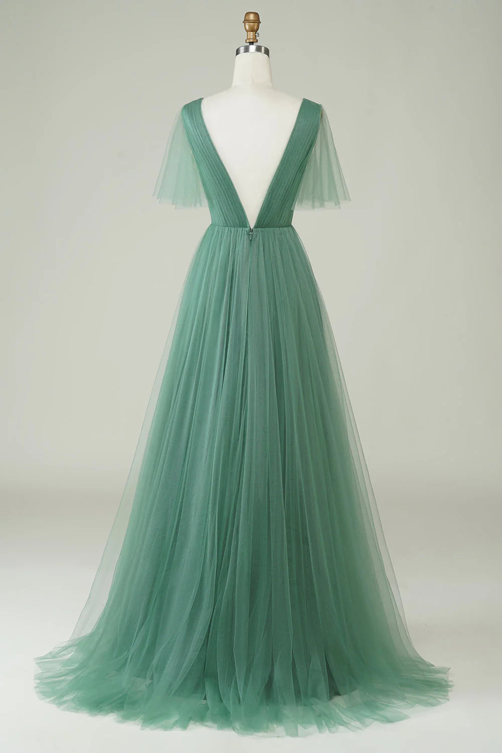 Sage Green Tulle A-Line Floor-Length Dress with V-Neck & Flutter Sleeves