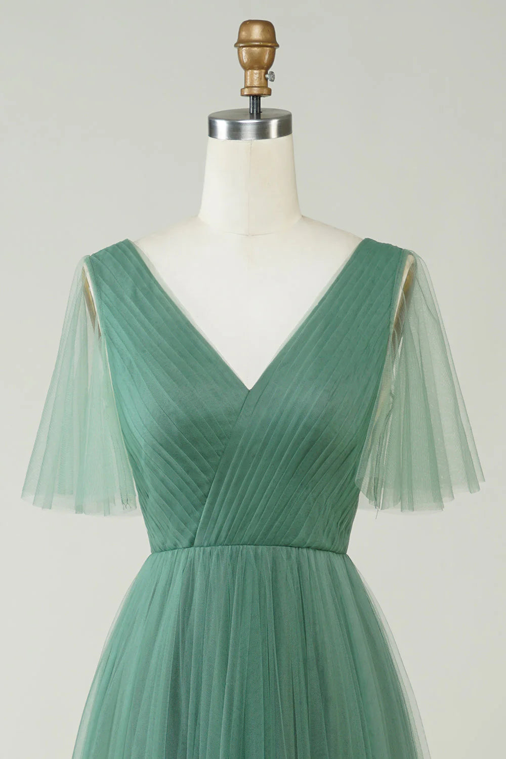 Sage Green Tulle A-Line Floor-Length Dress with V-Neck & Flutter Sleeves