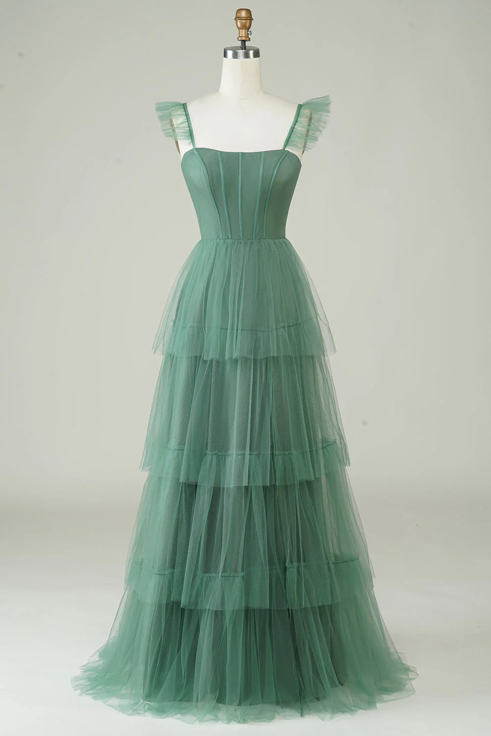 Tiered Ruffled Sage Green Tulle A-Line Floor-Length Bridesmaid Dress