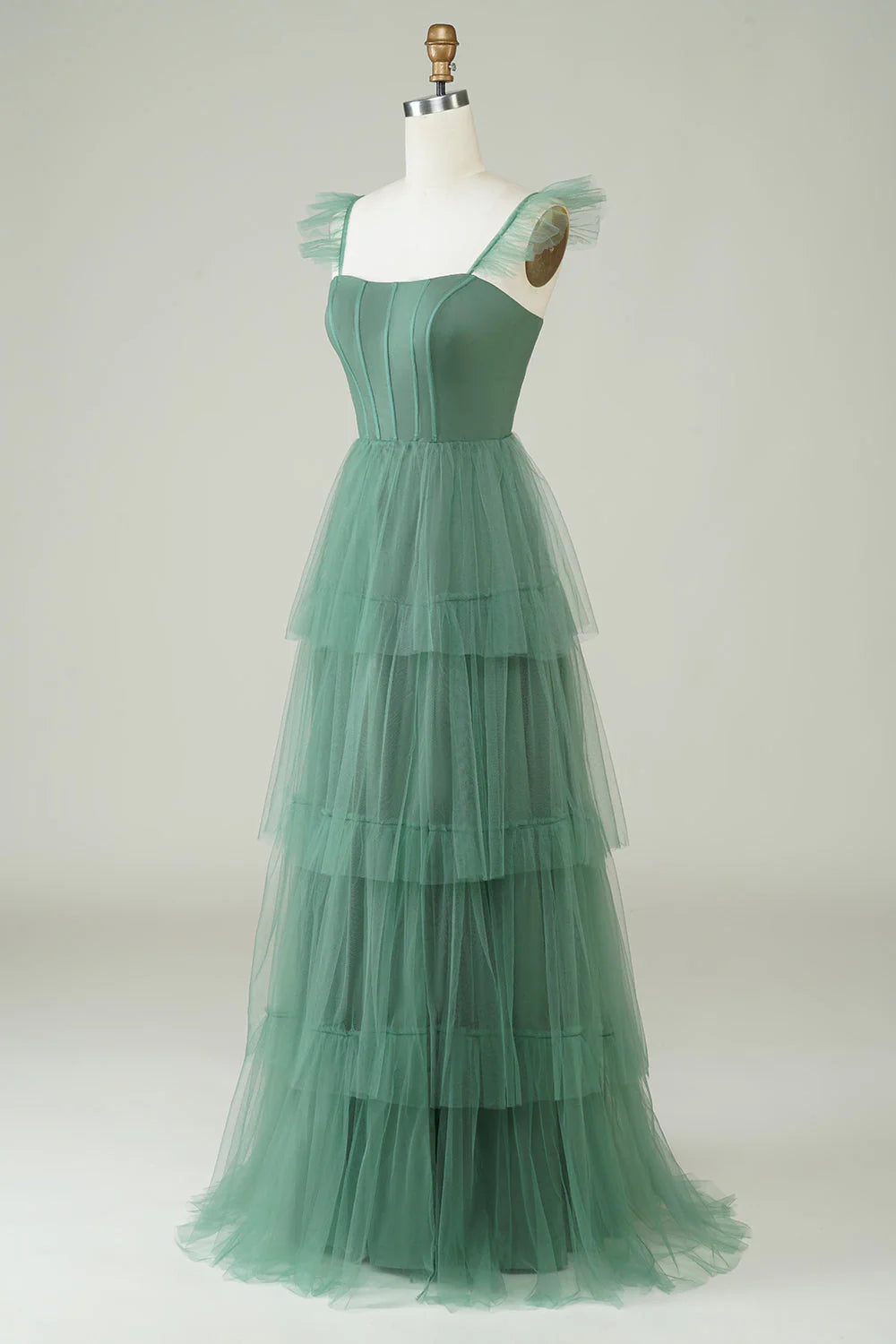 Tiered Ruffled Sage Green Tulle A-Line Floor-Length Bridesmaid Dress