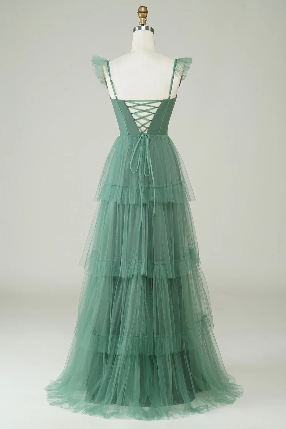 Tiered Ruffled Sage Green Tulle A-Line Floor-Length Bridesmaid Dress