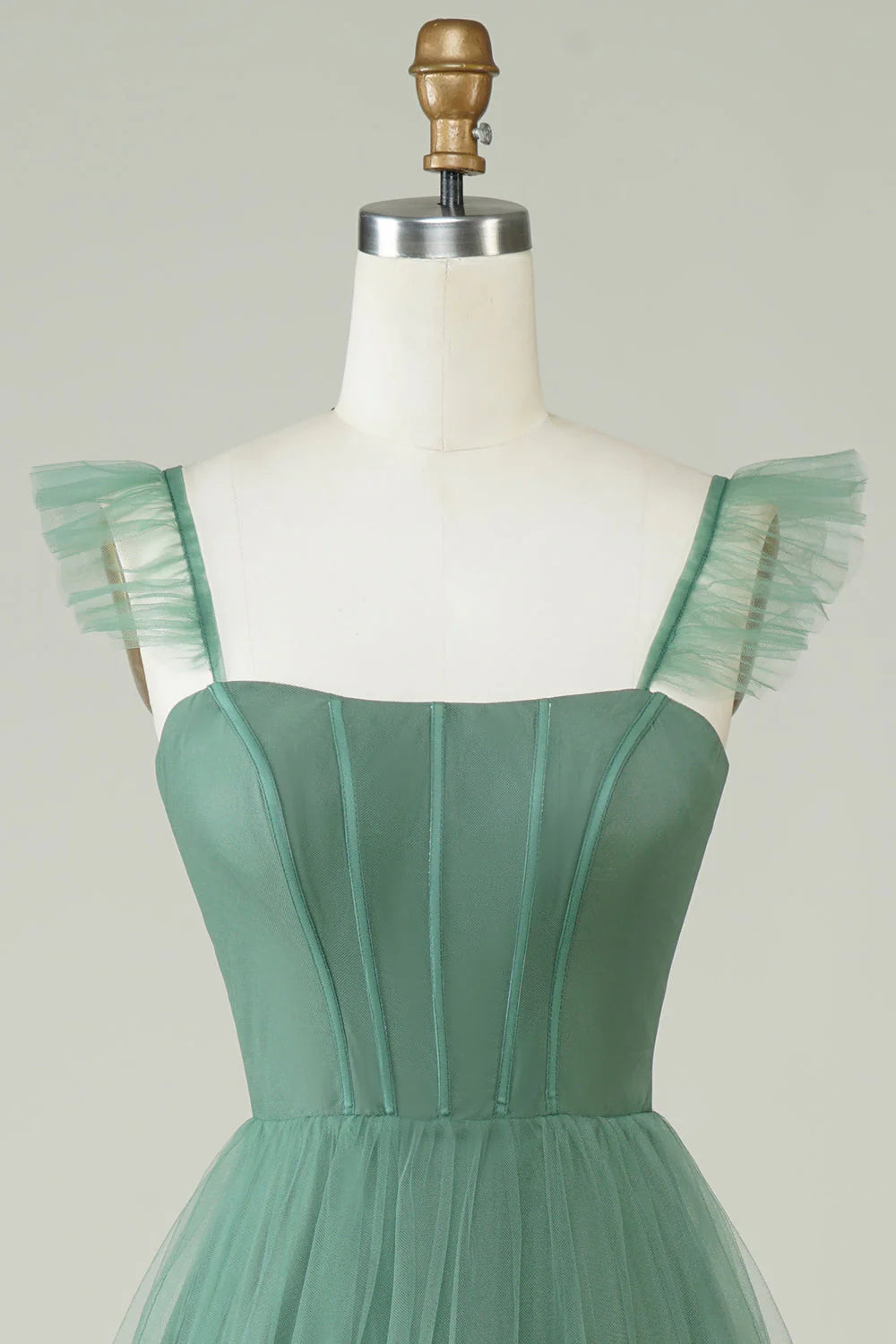 Tiered Ruffled Sage Green Tulle A-Line Floor-Length Bridesmaid Dress