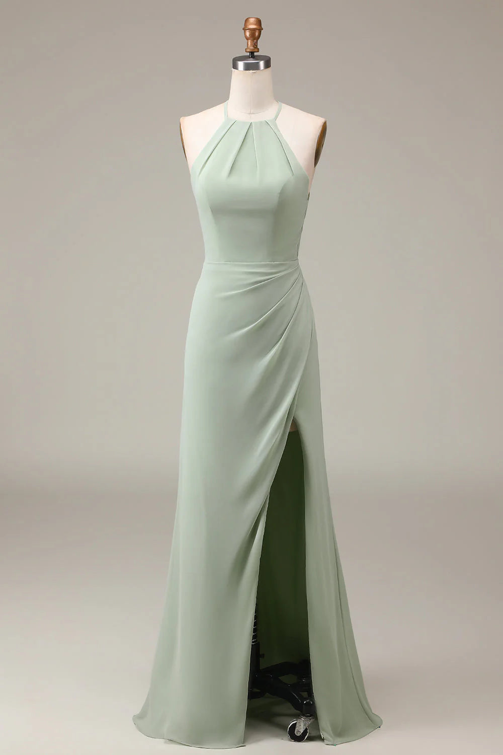 Sage Green Chiffon Halter A-Line Floor-Length Bridesmaid Dress with Pleated Bodice & High Slit