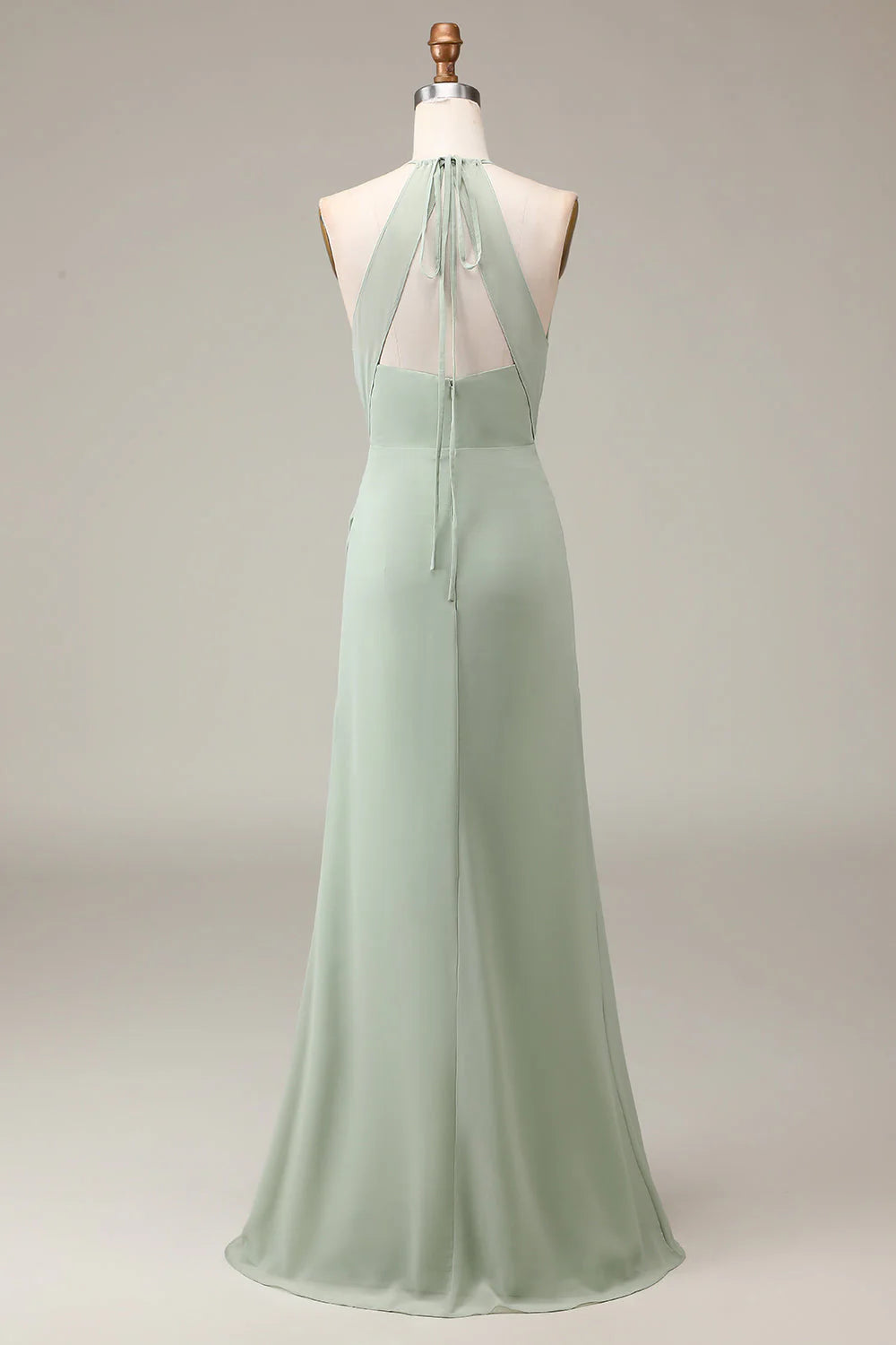 Sage Green Chiffon Halter A-Line Floor-Length Bridesmaid Dress with Pleated Bodice & High Slit
