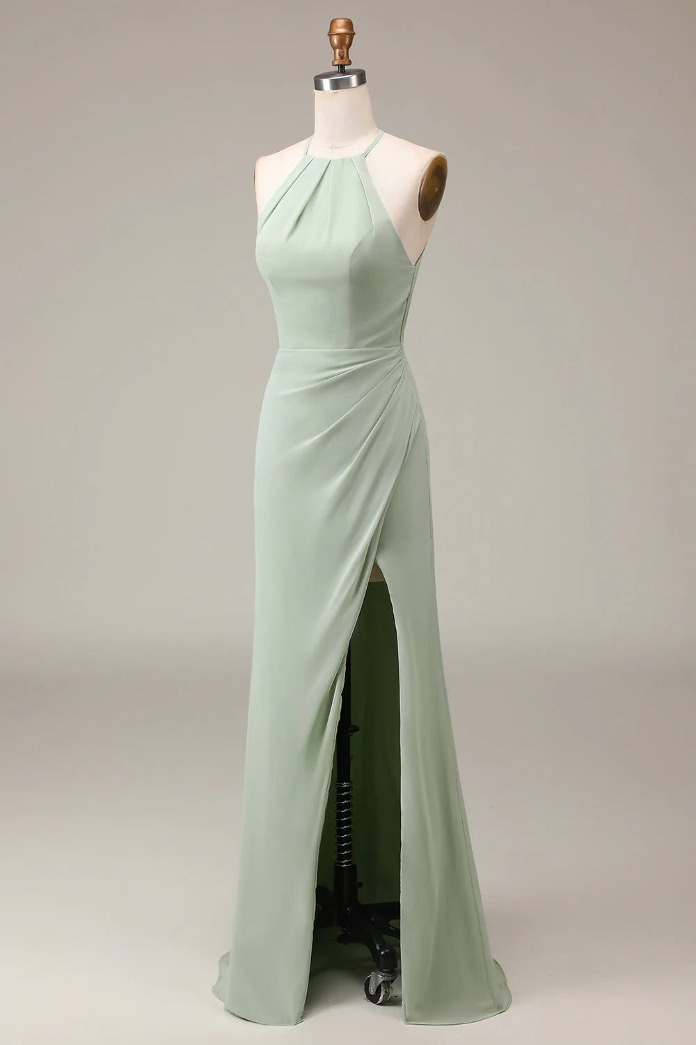 Sage Green Chiffon Halter A-Line Floor-Length Bridesmaid Dress with Pleated Bodice & High Slit