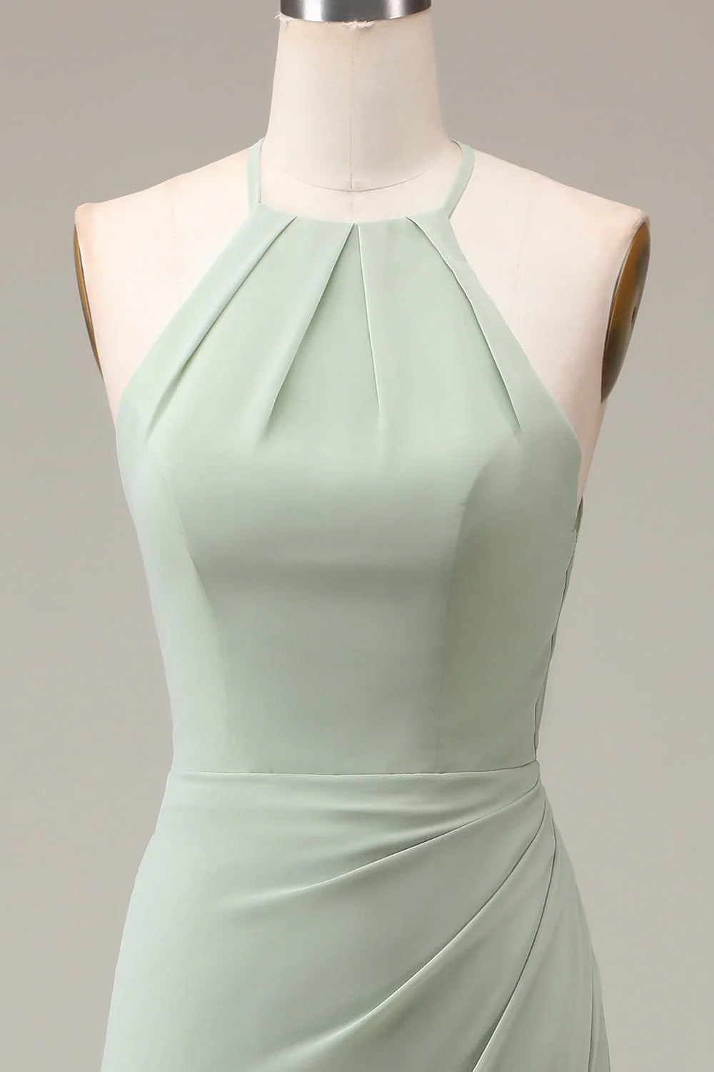 Sage Green Chiffon Halter A-Line Floor-Length Bridesmaid Dress with Pleated Bodice & High Slit
